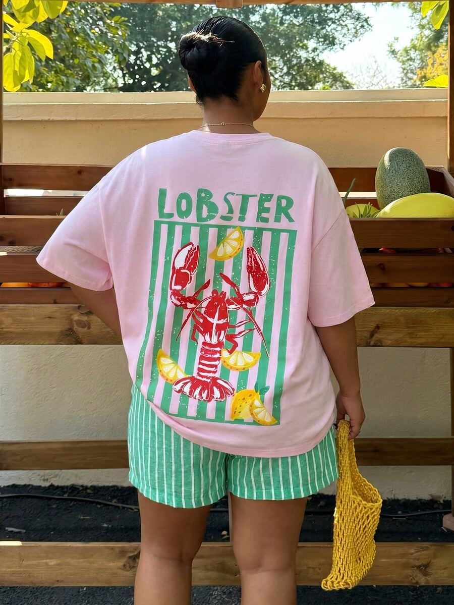 Muchica Plus Size Shrimp Graphic Round Neck Short Sleeve T-Shirt, Casual Loose Fit Plus Size, Suitable For Beach Vacation - Baby Pink - View 1
