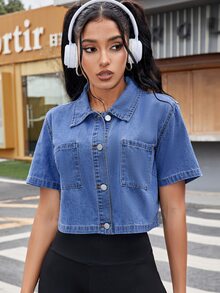 SHEIN ICON Women's Casual Short Denim Jacket For Summer - Medium Wash - View 2