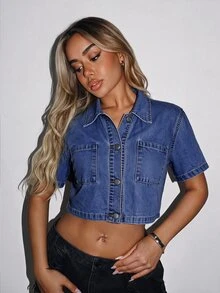 SHEIN ICON Women's Casual Short Denim Jacket For Summer - Medium Wash - View 1