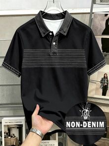 Daypath Camisa polo de hombre con estampado de efecto denim y media tapeta con botones - Negro - Ver 1