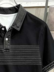 Daypath Camisa polo de hombre con estampado de efecto denim y media tapeta con botones - Negro - Ver 3