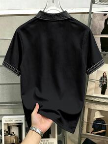 Daypath Camisa polo de hombre con estampado de efecto denim y media tapeta con botones - Negro - Ver 2