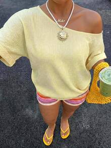 Muchica 大码女式纯色斜肩休闲百搭日常T恤 - 黃色 - 查看 3
