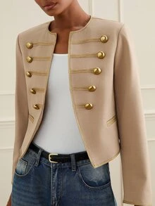 Lilora Women's Fall Casual Preppy Elegant Vintage Double-Breasted Jacket Office Gold - Khaki - View 5