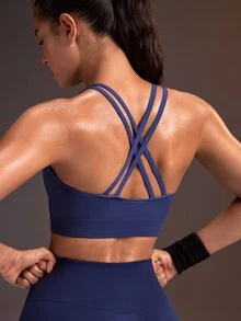 Powerista 女款純色前拉鍊交叉背運動內衣，適合跑步、健身房健身運動，海軍藍，日常穿搭時尚休閒款 - 紫色 - 查看 7
