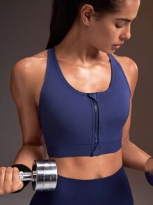 Powerista 女款純色前拉鍊交叉背運動內衣，適合跑步、健身房健身運動，海軍藍，日常穿搭時尚休閒款 - 紫色 - 查看 6