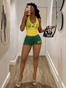 Fiercella Fiercella 女款春夏兩件套 黃色細肩帶背心上衣 前面字母印花 綠黃配色短褲 街頭風 修身健身運動套裝 - 綠色 - 查看 5