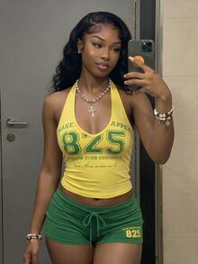 Fiercella Fiercella 女款春夏兩件套 黃色細肩帶背心上衣 前面字母印花 綠黃配色短褲 街頭風 修身健身運動套裝 - 綠色 - 查看 3