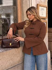 INAWLY Solva Plus Size Women's Elegant Blouse With Frog Button Front And Back Waist Tie Design Fall - Brown - View 3