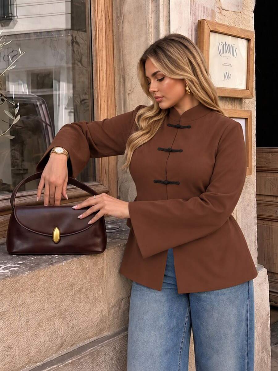 INAWLY Solva Plus Size Women's Elegant Blouse With Frog Button Front And Back Waist Tie Design Fall - Brown - View 1