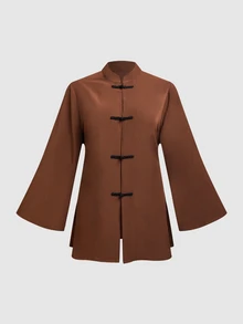 INAWLY Solva Plus Size Women's Elegant Blouse With Frog Button Front And Back Waist Tie Design Fall - Brown - View 4