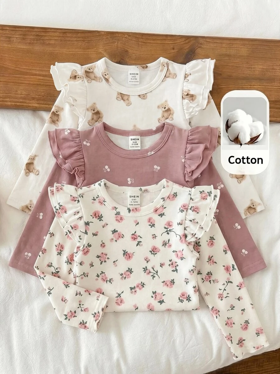 SHEIN LMoss Kids طقم ملابس علوية من 3 قطع للبنات الرضع للخريف/الشتاء، كاجوال متعدد الاستخدامات، محبوك بلون موحد، بأكمام طويلة وأكمام رفرفة لطيفة - متعدد الألوان - مشاهدة 1