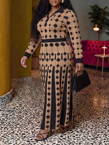 Veslaya Spring/Summer Women's Plus Size New Bold, Classy Feminine Style Tummy Control Fit Breathable Elegant Romantic Classic Coffee & Black Color Block Polo Collar Long Sleeve Dress - Multicolor - View 5