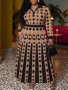 Veslaya Spring/Summer Women's Plus Size New Bold, Classy Feminine Style Tummy Control Fit Breathable Elegant Romantic Classic Coffee & Black Color Block Polo Collar Long Sleeve Dress - Multicolor - View 7