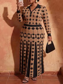 Veslaya Spring/Summer Women's Plus Size New Bold, Classy Feminine Style Tummy Control Fit Breathable Elegant Romantic Classic Coffee & Black Color Block Polo Collar Long Sleeve Dress - Multicolor - View 6