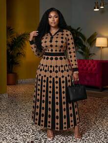Veslaya Spring/Summer Women's Plus Size New Bold, Classy Feminine Style Tummy Control Fit Breathable Elegant Romantic Classic Coffee & Black Color Block Polo Collar Long Sleeve Dress - Multicolor - View 2