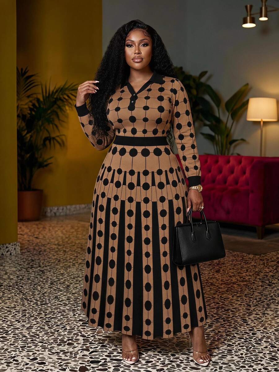 Veslaya Spring/Summer Women's Plus Size New Bold, Classy Feminine Style Tummy Control Fit Breathable Elegant Romantic Classic Coffee & Black Color Block Polo Collar Long Sleeve Dress