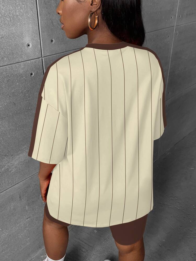 Veslaya Beige Summer Gothic Casual Loose Fit Baggy Everyday Gym Beach Concert Cycling Office Back-To-School Plus Size Women Two Pieces Set Round Neck Brown - Multicolor - View 2