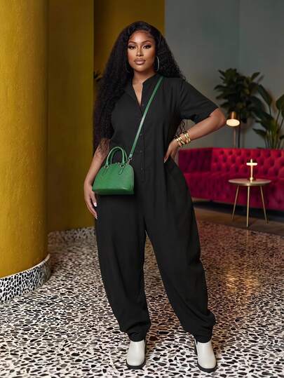 Veslaya Spring/Summer Plus Size Loose Casual Jumpsuit, Suitable For Commuting, Daily Casual Wear, Birthday Parties, Graduation, Student Outfits, Everyday Outings, All-Match Versatile, Leisure, Vacation, Cruise Travel, Beach, Sunbathing, Trending, Business Casual, Minimalist, Casual, Vacation, Outing