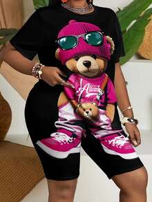 Veslaya 2pcs/Set Plus Size Women's Casual Cute Cartoon Bear Short Sleeve T-Shirt And Shorts Set, Summer,Holiday Outfits Suitable For Going Out Office Black - Black - View 2