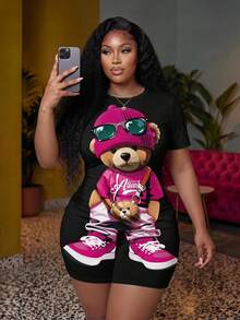Veslaya 2pcs/Set Plus Size Women's Casual Cute Cartoon Bear Short Sleeve T-Shirt And Shorts Set, Summer,Holiday Outfits Suitable For Going Out Office Black - Black - View 1