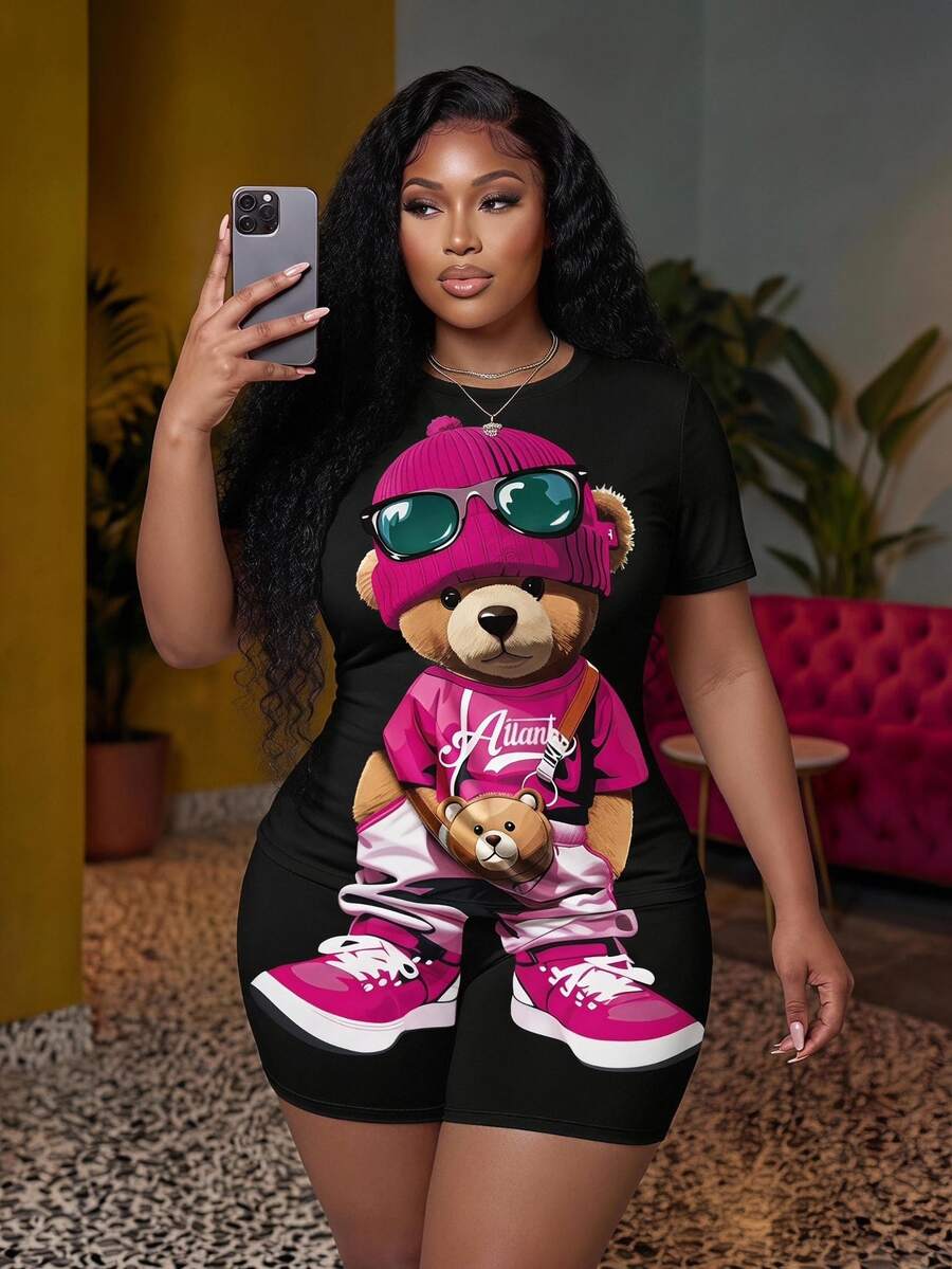 Veslaya 2pcs/Set Plus Size Women's Casual Cute Cartoon Bear Short Sleeve T-Shirt And Shorts Set, Summer,Holiday Outfits Suitable For Going Out Office Black - Black - View 1