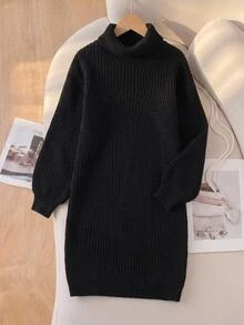 Tween Girls Chunky Knit Cable Texture Sweater Dress, Round Neck Short Dress, Soft Sweet Fashion Elegant Vacation Travel Pullover Long Sleeve Top, Suitable For Autumn/Winter - Black - View 7