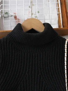 Tween Girls Chunky Knit Cable Texture Sweater Dress, Round Neck Short Dress, Soft Sweet Fashion Elegant Vacation Travel Pullover Long Sleeve Top, Suitable For Autumn/Winter - Black - View 5