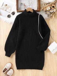 Tween Girls Chunky Knit Cable Texture Sweater Dress, Round Neck Short Dress, Soft Sweet Fashion Elegant Vacation Travel Pullover Long Sleeve Top, Suitable For Autumn/Winter - Black - View 8