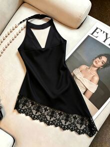 SHEIN Franclia Women's Lace Patchwork Casual Versatile Daily Wear Halter Neck Top - Black - View 4