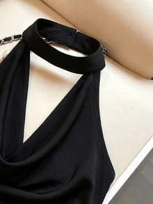SHEIN Franclia Women's Lace Patchwork Casual Versatile Daily Wear Halter Neck Top - Black - View 5