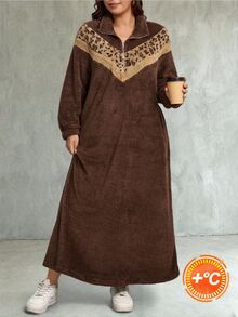Comfylo Plus Size Fuzzy Comfortable Leopard Print Zipper Half-Button Dress - Coffee Brown - View 1