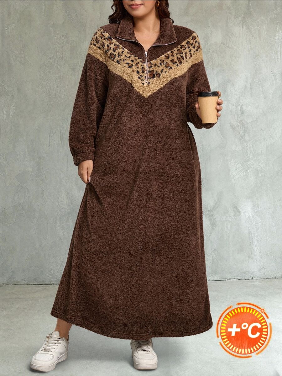 Comfylo Plus Size Fuzzy Comfortable Leopard Print Zipper Half-Button Dress - Coffee Brown - View 1