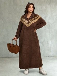 Comfylo Plus Size Fuzzy Comfortable Leopard Print Zipper Half-Button Dress - Coffee Brown - View 4