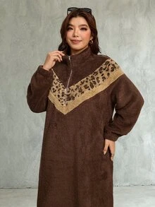 Comfylo Plus Size Fuzzy Comfortable Leopard Print Zipper Half-Button Dress - Coffee Brown - View 7
