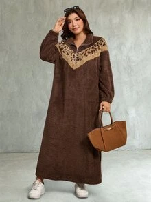 Comfylo Plus Size Fuzzy Comfortable Leopard Print Zipper Half-Button Dress - Coffee Brown - View 5