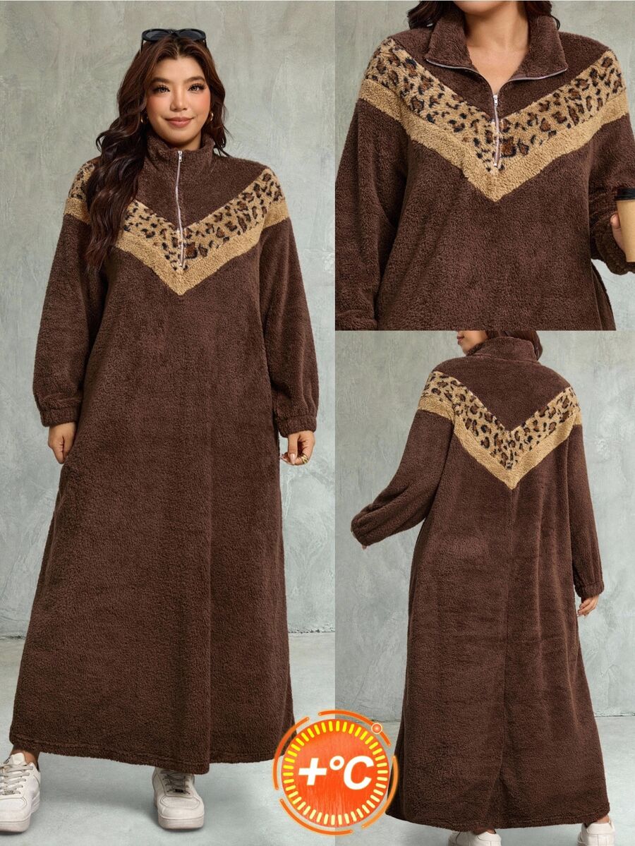 Comfylo Plus Size Fuzzy Comfortable Leopard Print Zipper Half-Button Dress - Coffee Brown - View 1