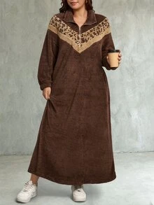 Comfylo Plus Size Fuzzy Comfortable Leopard Print Zipper Half-Button Dress - Coffee Brown - View 9