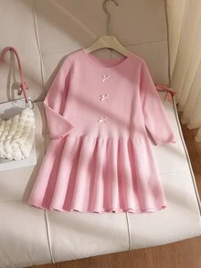 Gaun Rajut Lucu Lengan Panjang dengan Hiasan Pita untuk Anak Perempuan - Berwarna merah muda - View 7