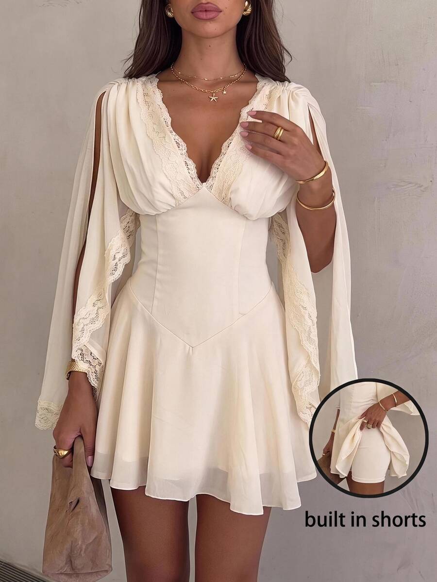 Siren Gaze Autumn New Lace Patchwork Ruffle Hem Dress For Women Date Party White Romantic Elegant - Apricot - View 1
