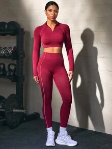 Solea Cove Set Pakaian Olahraga Yoga Gym Tanpa Jahitan Warna Burgundy - Burgundy - View 2
