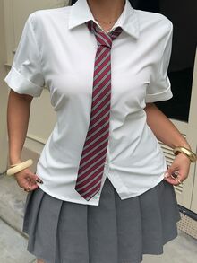 Muchica Plus Size Casual Solid Color Cinched Waist White Shirt For Summer, Back-To-School School Style, Chic Daily Commute, Business, Party, Y2k Burgundy - White - View 6