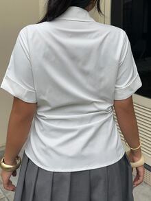 Muchica Plus Size Casual Solid Color Cinched Waist White Shirt For Summer, Back-To-School School Style, Chic Daily Commute, Business, Party, Y2k Burgundy - White - View 3