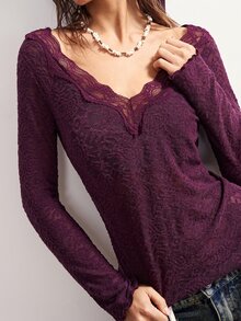 Bohemela V-Neck Long Sleeve Lace Textured Top, Suitable For Winter, New Year, Christmas, Valentine's Day, Music Festivals, Parties - Purple - View 4