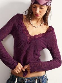 Bohemela V-Neck Long Sleeve Lace Textured Top, Suitable For Winter, New Year, Christmas, Valentine's Day, Music Festivals, Parties - Purple - View 6