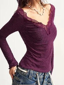 Bohemela V-Neck Long Sleeve Lace Textured Top, Suitable For Winter, New Year, Christmas, Valentine's Day, Music Festivals, Parties - Purple - View 3