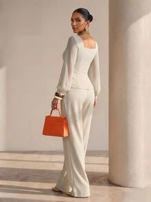 Structelle Women's Beige Linen Blend Square Neck Pearl Button Slit Top + High Waist Wide Leg Long Pants 2pcs Set, Elegant Office Spring/Autumn Outfit - Apricot - View 2