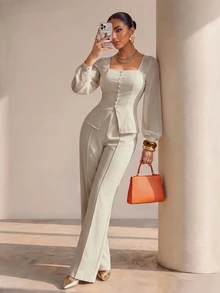 Structelle Women's Beige Linen Blend Square Neck Pearl Button Slit Top + High Waist Wide Leg Long Pants 2pcs Set, Elegant Office Spring/Autumn Outfit - Apricot - View 1