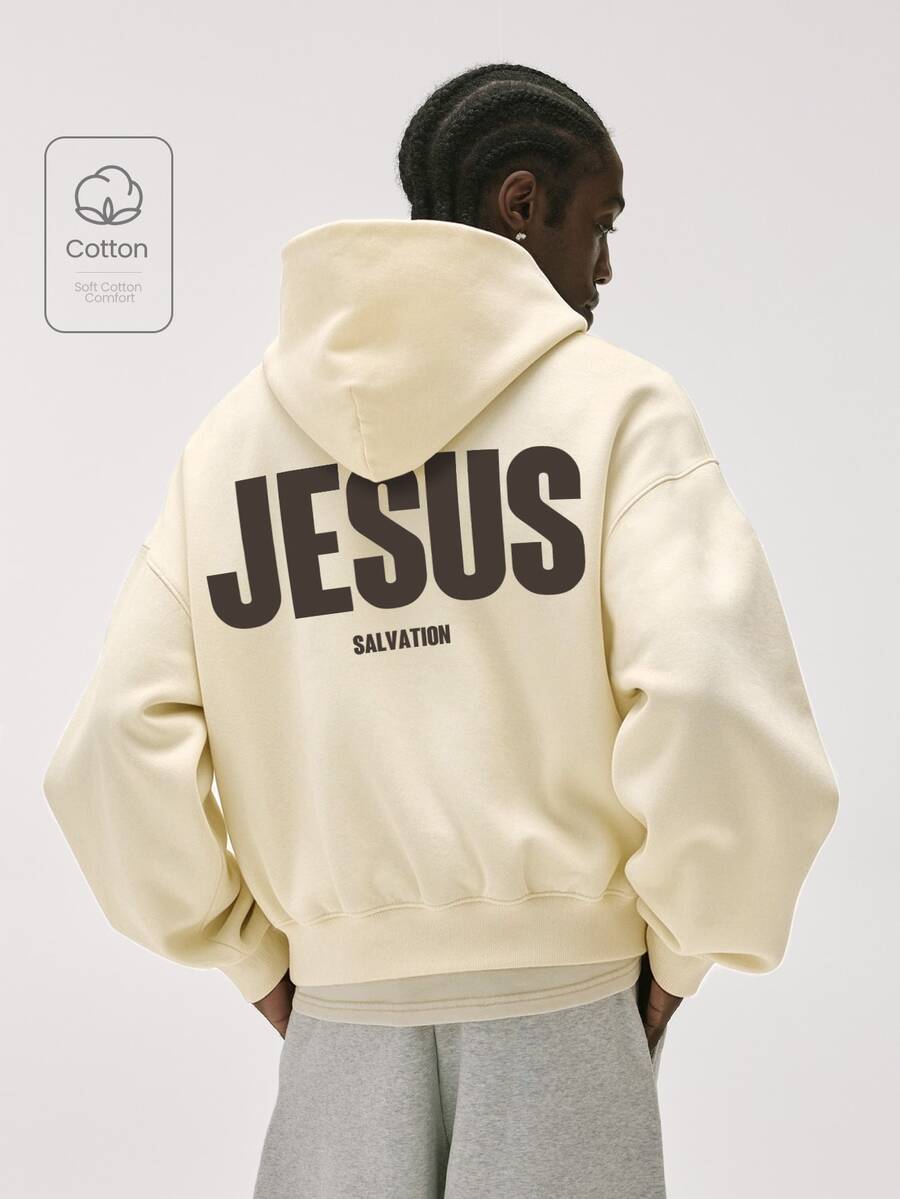 Baseblock 男士米色寬鬆連帽衛衣,正面 JESUS SALVATION 小字 + 背面粗體大字印花長袖套頭連帽衫,復古 Y2K 街頭風上衣,適合 Coachella 音樂節、演唱會、假期、日常出遊,老錢風 - 彩色 - 查看 1