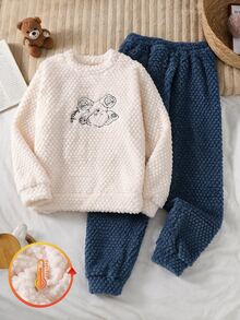 大童男孩熊刺繡毛絨家居服2件套，珊瑚絨面料柔軟蓬鬆，圓領長袖上衣搭配收口褲，休閒簡約清新風，親膚舒適寬鬆版型，兒童秋冬居家睡衣可愛百搭套裝 - 藍色 - 查看 2